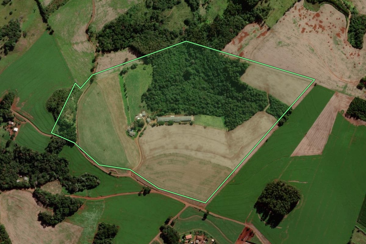 Imagem de satélite do imóvel rural em Quedas do Iguaçu (PR), com o contorno declarado no CAR desenhado por cima.