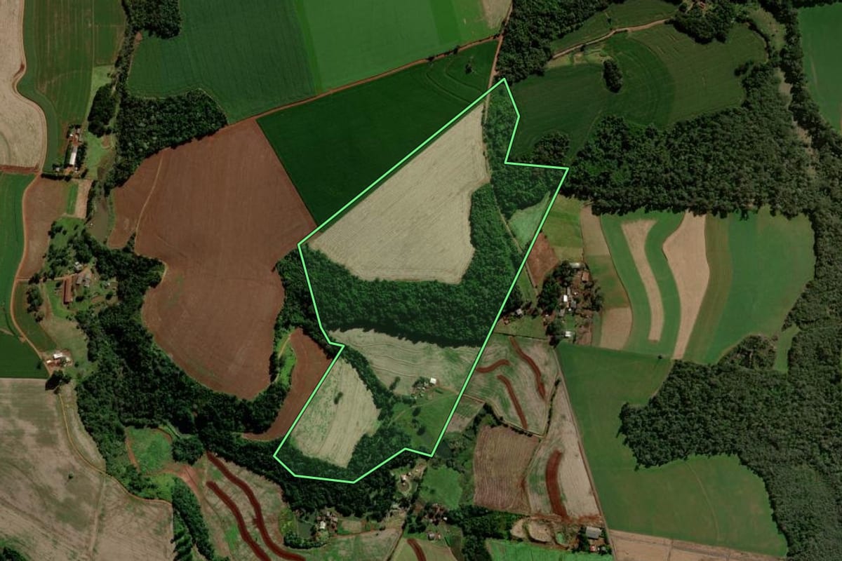 Imagem de satélite do imóvel rural em Quedas do Iguaçu (PR), com o contorno declarado no CAR desenhado por cima.