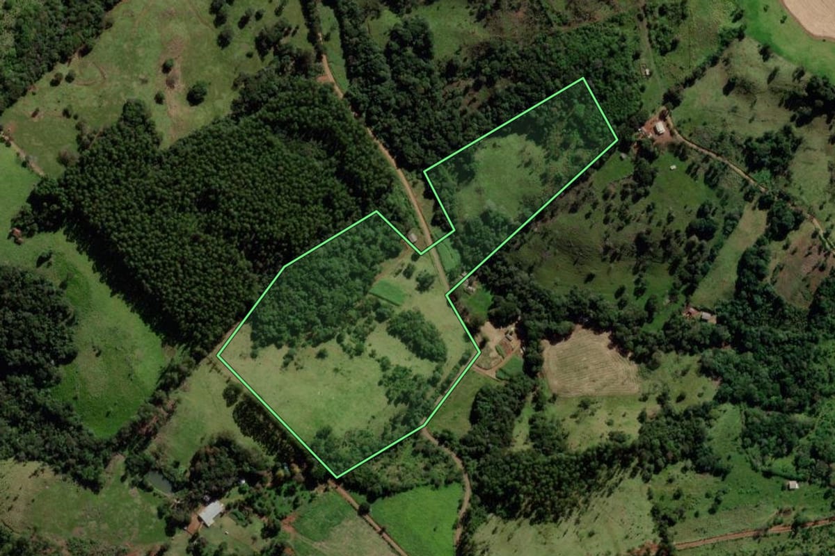 Imagem de satélite do imóvel rural em Quedas do Iguaçu (PR), com o contorno declarado no CAR desenhado por cima.