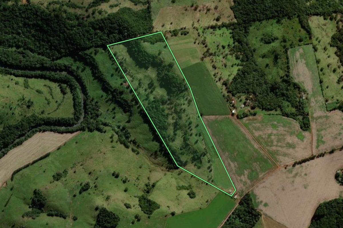 Imagem de satélite do imóvel rural em Quedas do Iguaçu (PR), com o contorno declarado no CAR desenhado por cima.