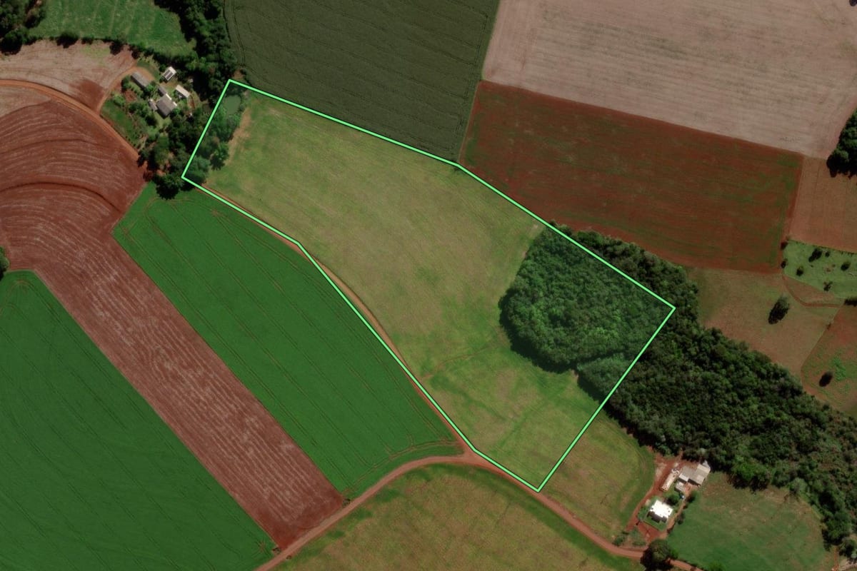 Imagem de satélite do imóvel rural em Quedas do Iguaçu (PR), com o contorno declarado no CAR desenhado por cima.