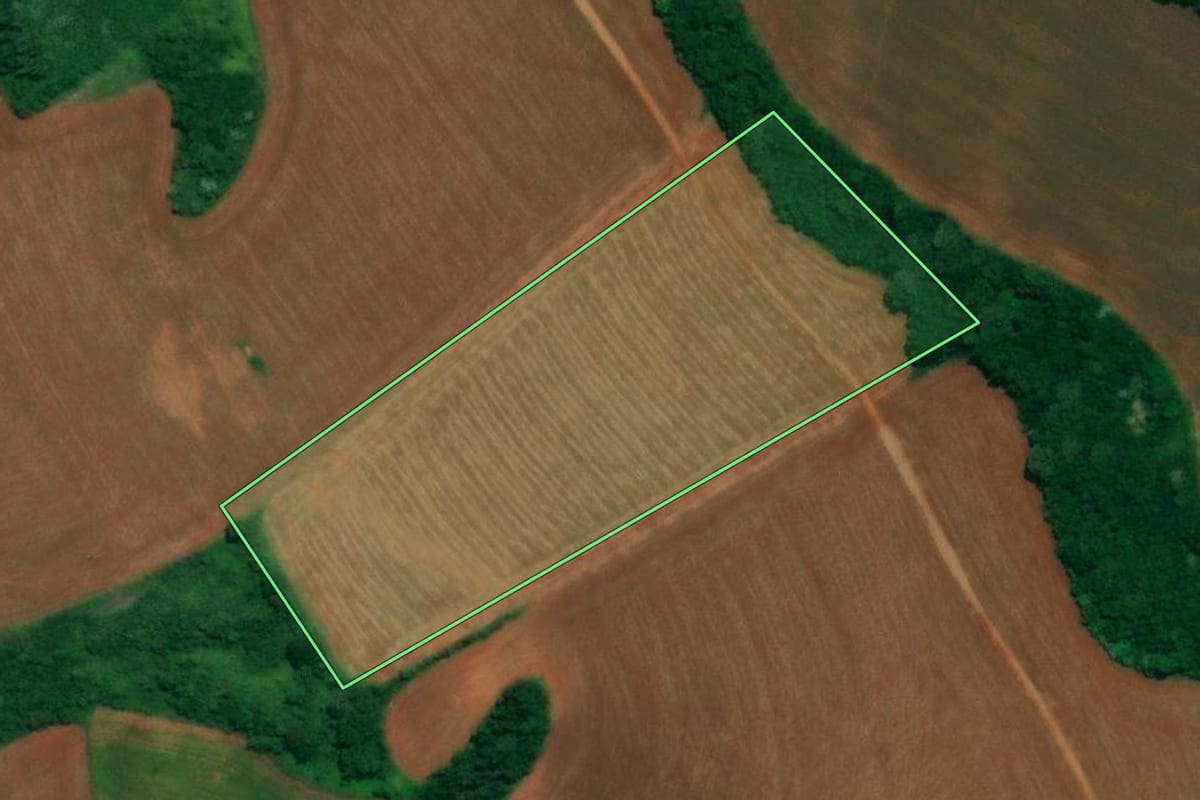 Imagem de satélite do imóvel rural em Quedas do Iguaçu (PR), com o contorno declarado no CAR desenhado por cima.