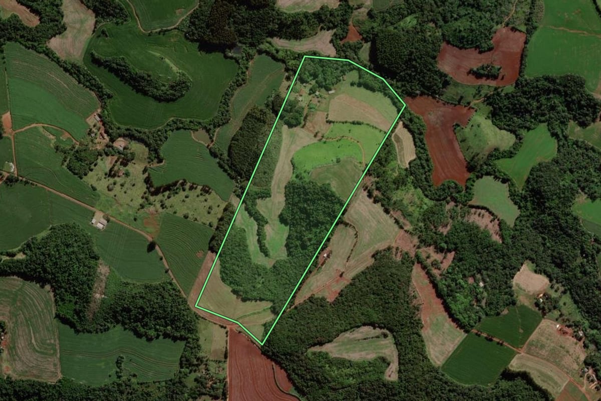 Imagem de satélite do imóvel rural em Quedas do Iguaçu (PR), com o contorno declarado no CAR desenhado por cima.