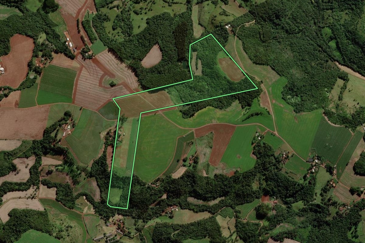 Imagem de satélite do imóvel rural em Quedas do Iguaçu (PR), com o contorno declarado no CAR desenhado por cima.
