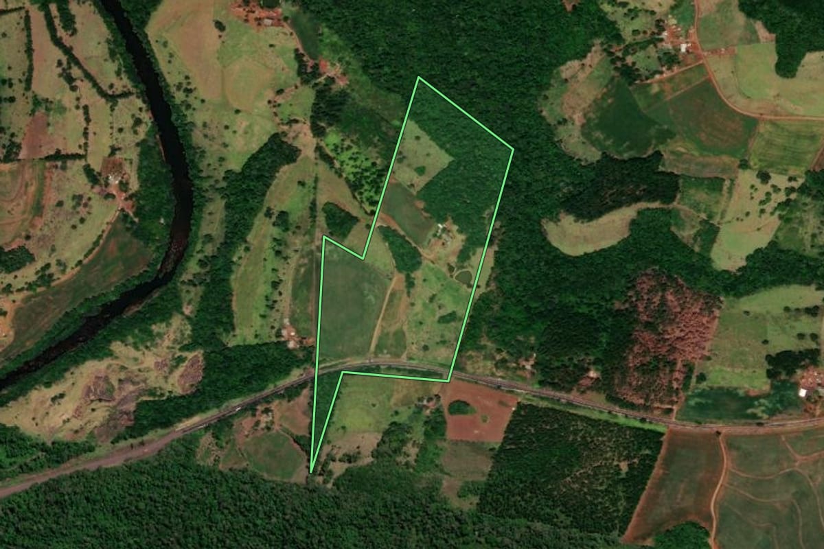 Imagem de satélite do imóvel rural em Quedas do Iguaçu (PR), com o contorno declarado no CAR desenhado por cima.
