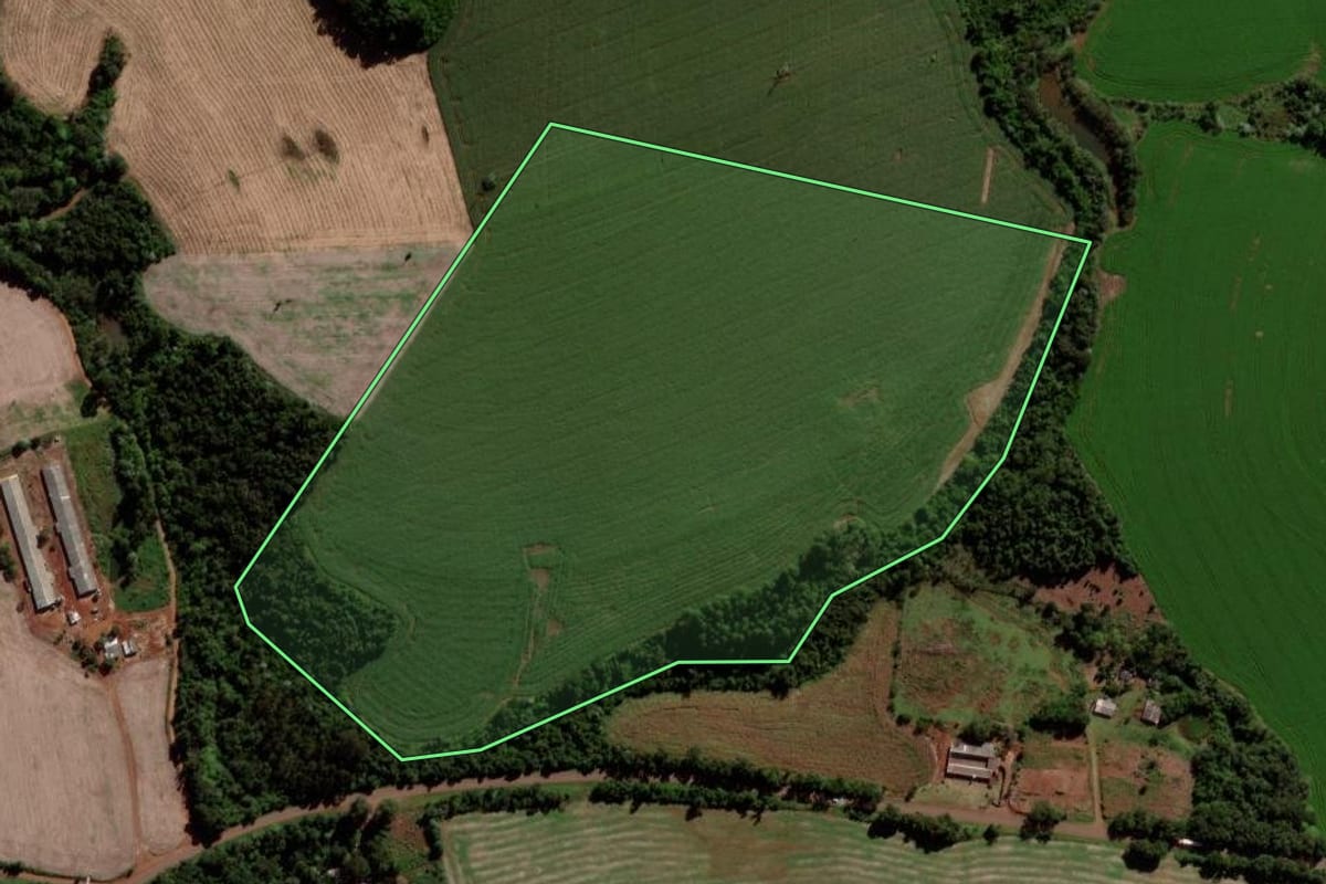 Imagem de satélite do imóvel rural em Quedas do Iguaçu (PR), com o contorno declarado no CAR desenhado por cima.