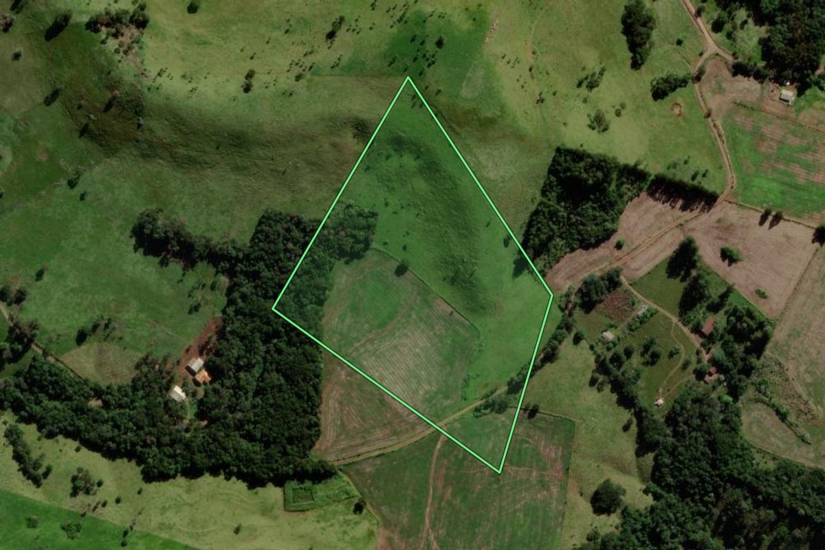 Imagem de satélite do imóvel rural em Quedas do Iguaçu (PR), com o contorno declarado no CAR desenhado por cima.