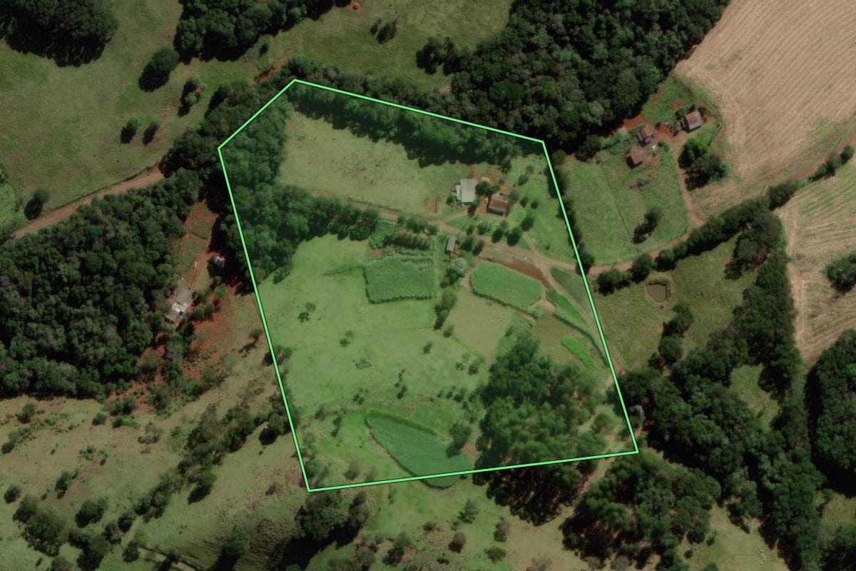 Imagem de satélite do imóvel rural em Quedas do Iguaçu (PR), com o contorno declarado no CAR desenhado por cima.