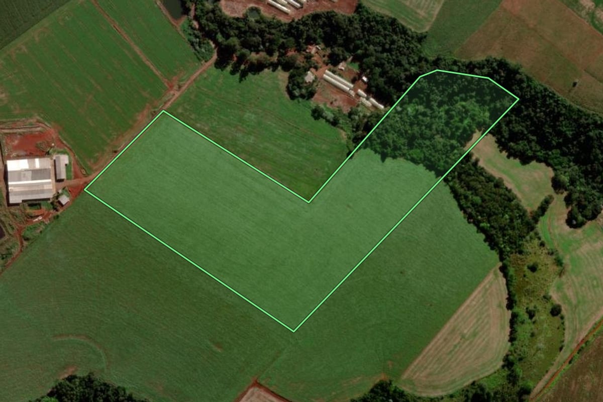 Imagem de satélite do imóvel rural em Quedas do Iguaçu (PR), com o contorno declarado no CAR desenhado por cima.