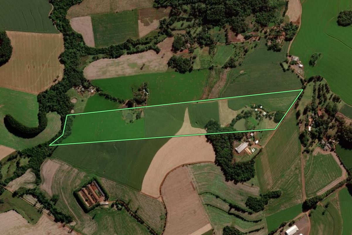 Imagem de satélite do imóvel rural em Quedas do Iguaçu (PR), com o contorno declarado no CAR desenhado por cima.