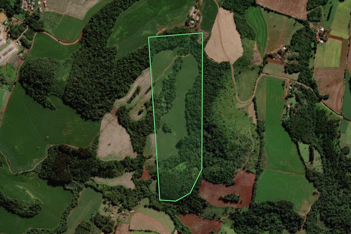 Imagem de satélite do imóvel rural em Quedas do Iguaçu (PR), com o contorno declarado no CAR desenhado por cima.