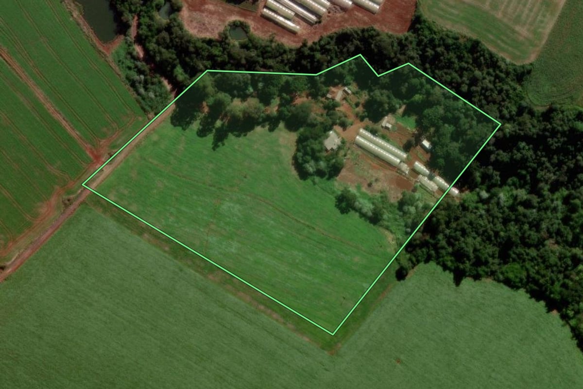 Imagem de satélite do imóvel rural em Quedas do Iguaçu (PR), com o contorno declarado no CAR desenhado por cima.
