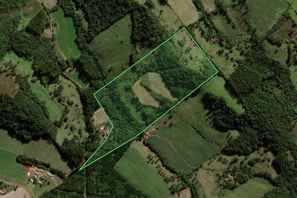Imagem de satélite do imóvel rural em Quedas do Iguaçu (PR), com o contorno declarado no CAR desenhado por cima.