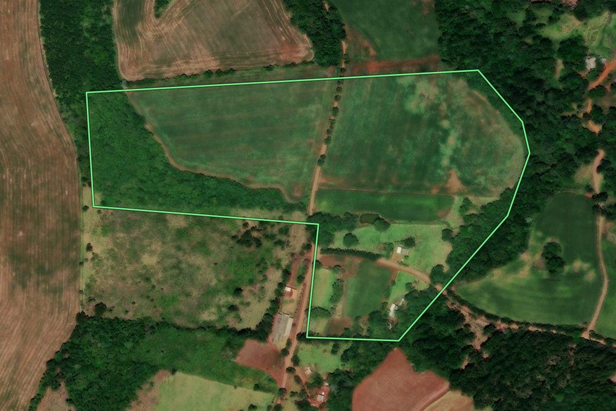 Imagem de satélite do imóvel rural em Quedas do Iguaçu (PR), com o contorno declarado no CAR desenhado por cima.
