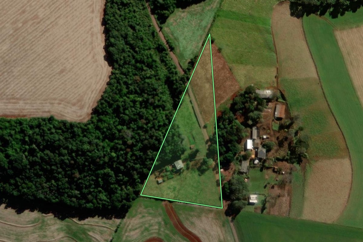 Imagem de satélite do imóvel rural em Quedas do Iguaçu (PR), com o contorno declarado no CAR desenhado por cima.