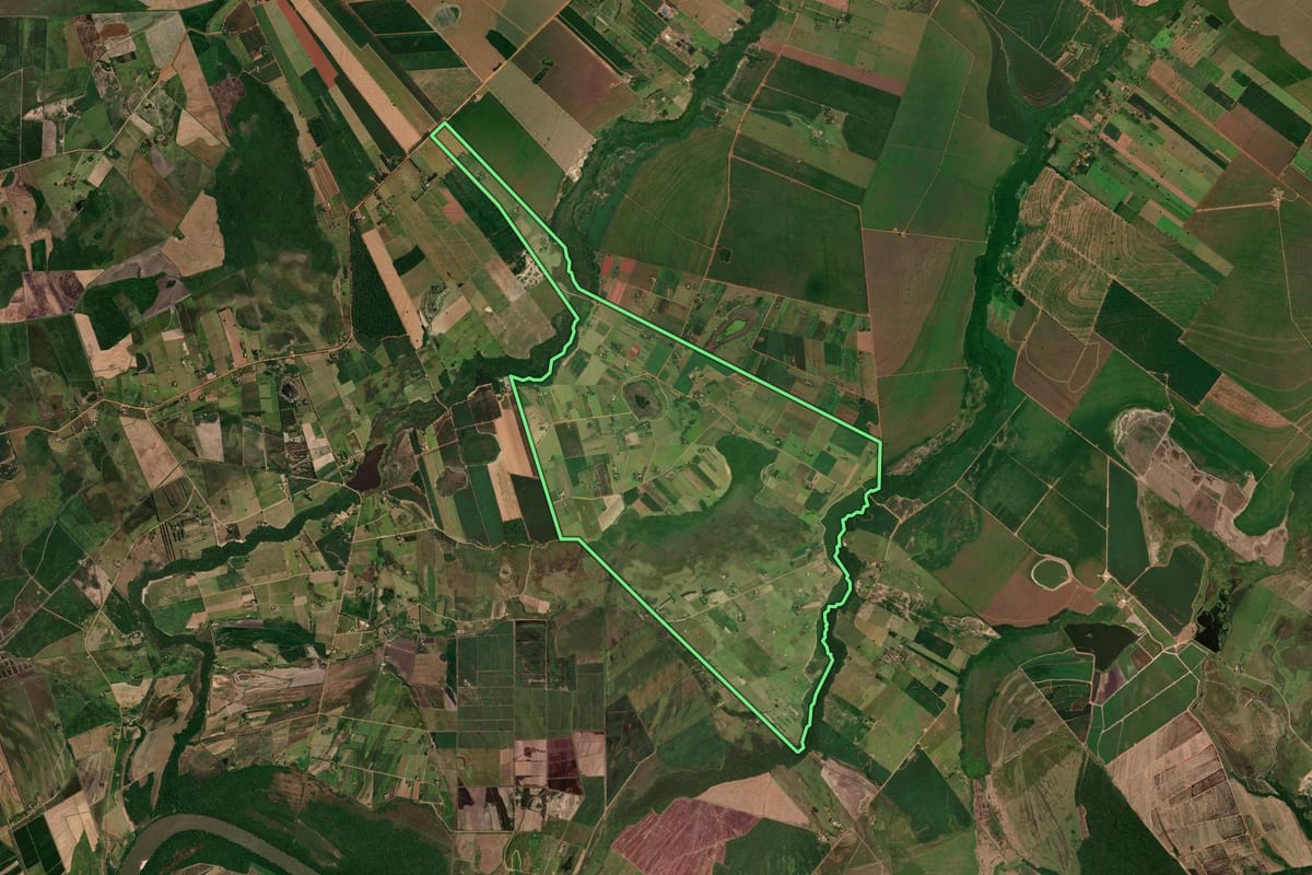 Imagem de satélite do imóvel rural em Querência do Norte (PR), com o contorno declarado no CAR desenhado por cima.