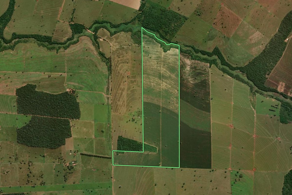 Imagem de satélite do imóvel rural em Querência do Norte (PR), com o contorno declarado no CAR desenhado por cima.