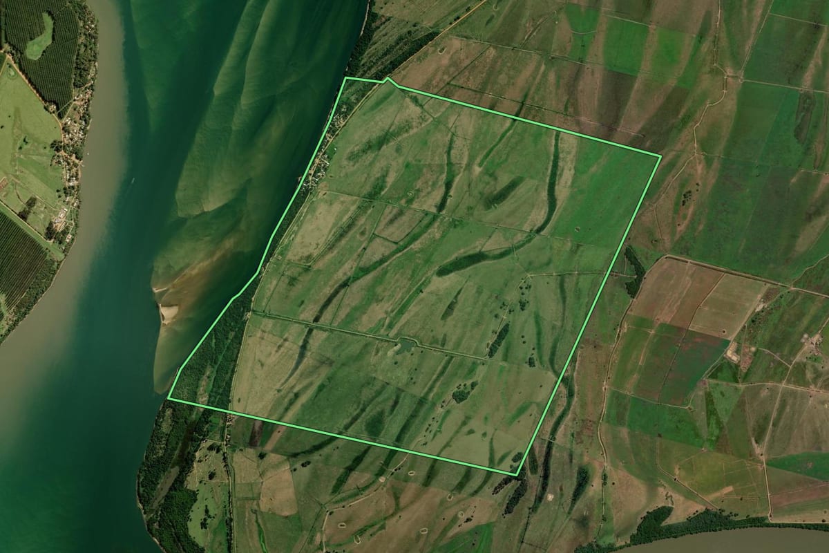 Imagem de satélite do imóvel rural em Querência do Norte (PR), com o contorno declarado no CAR desenhado por cima.