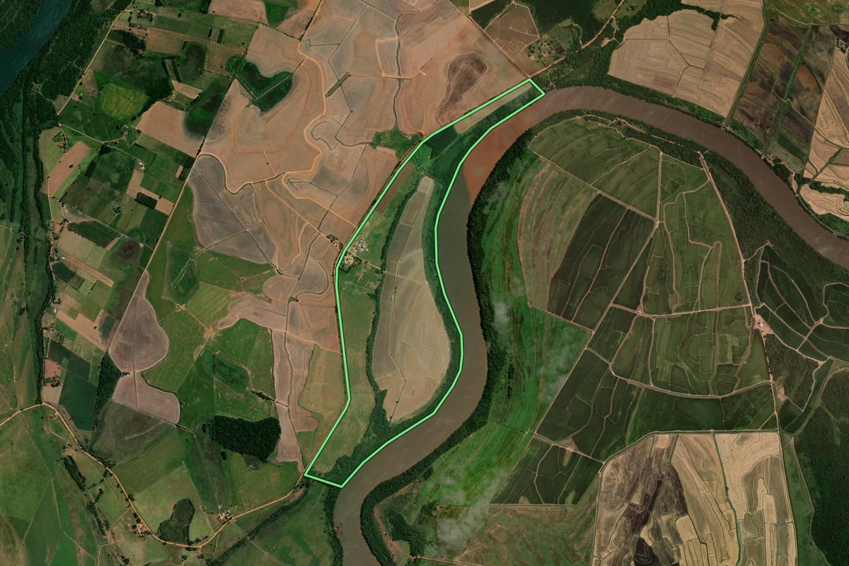 Imagem de satélite do imóvel rural em Querência do Norte (PR), com o contorno declarado no CAR desenhado por cima.