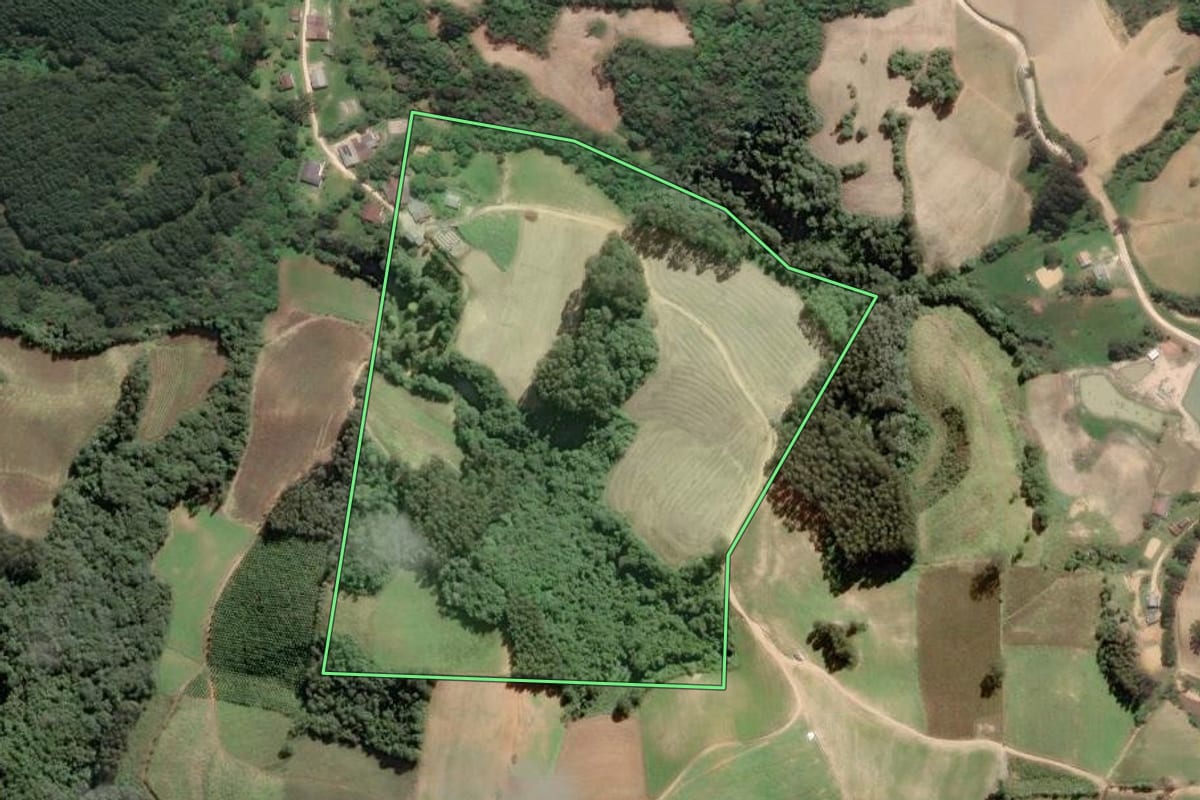 Imagem de satélite do imóvel rural em Quitandinha (PR), com o contorno declarado no CAR desenhado por cima.