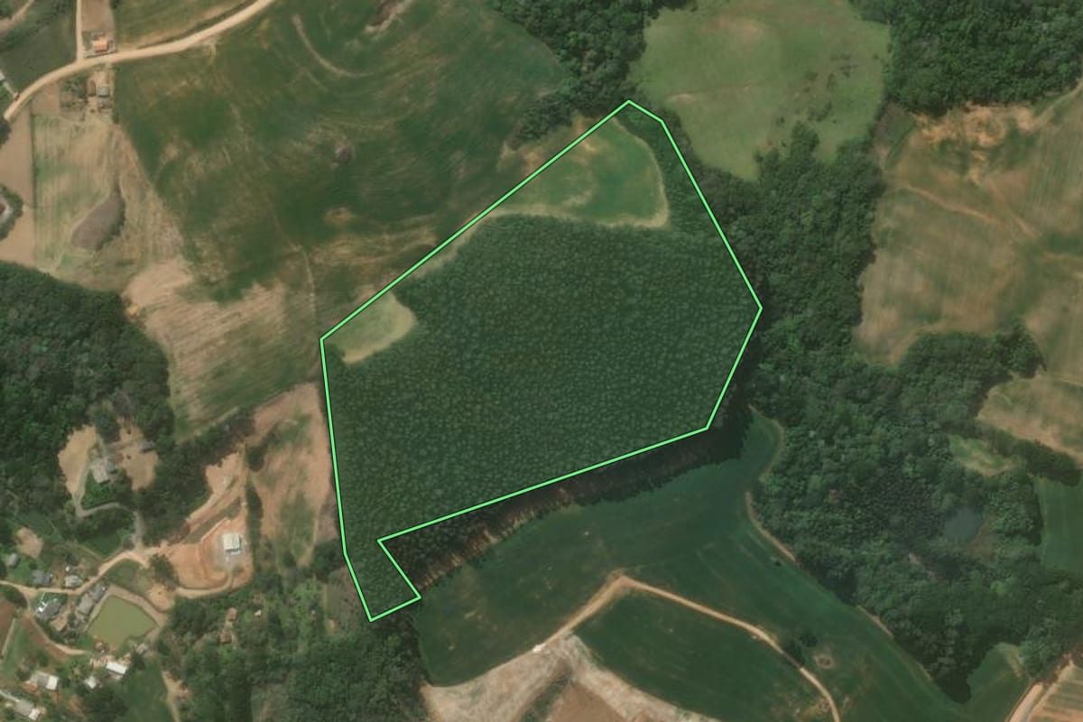 Imagem de satélite do imóvel rural em Quitandinha (PR), com o contorno declarado no CAR desenhado por cima.
