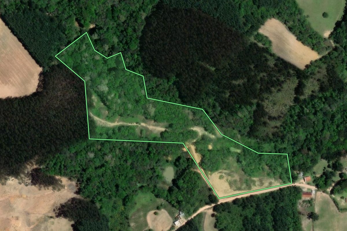 Imagem de satélite do imóvel rural em Quitandinha (PR), com o contorno declarado no CAR desenhado por cima.