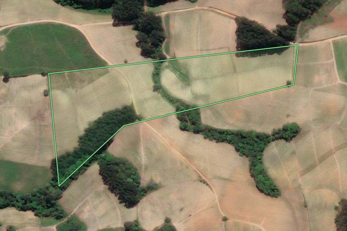 Imagem de satélite do imóvel rural em Quitandinha (PR), com o contorno declarado no CAR desenhado por cima.