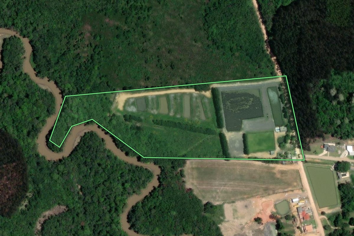 Imagem de satélite do imóvel rural em Quitandinha (PR), com o contorno declarado no CAR desenhado por cima.