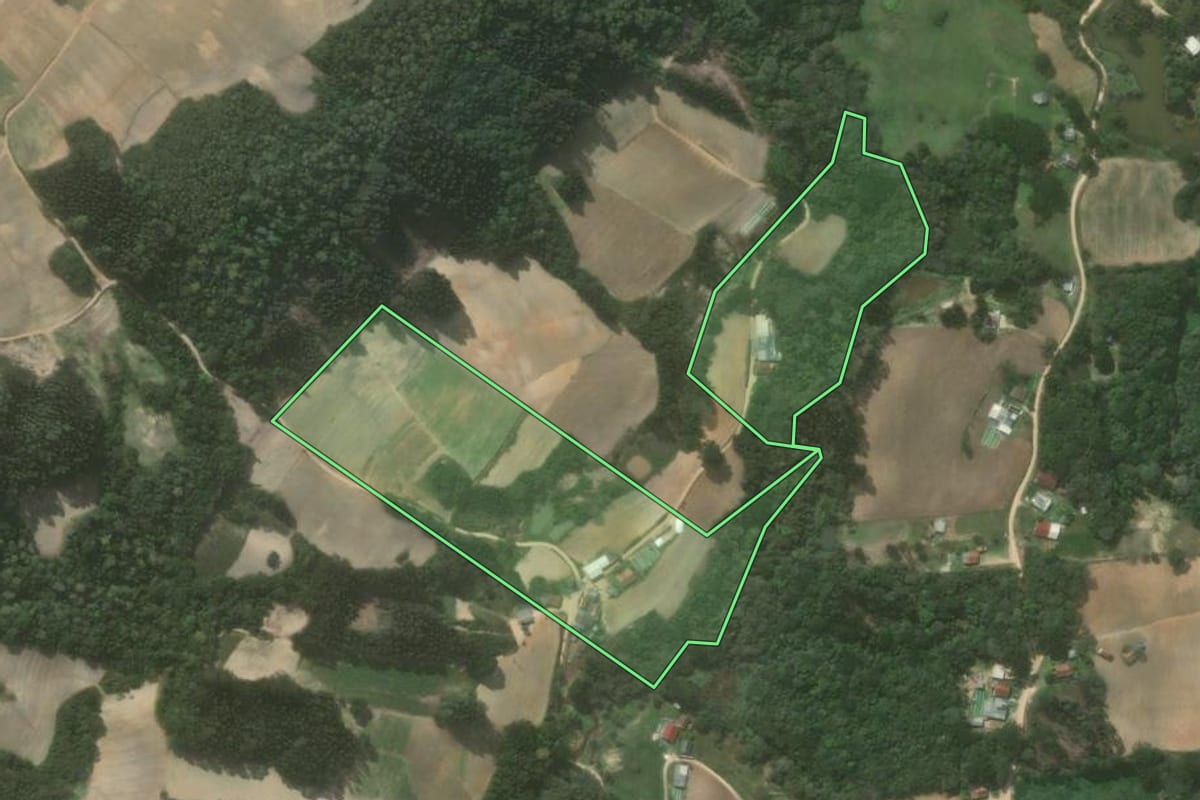 Imagem de satélite do imóvel rural em Quitandinha (PR), com o contorno declarado no CAR desenhado por cima.