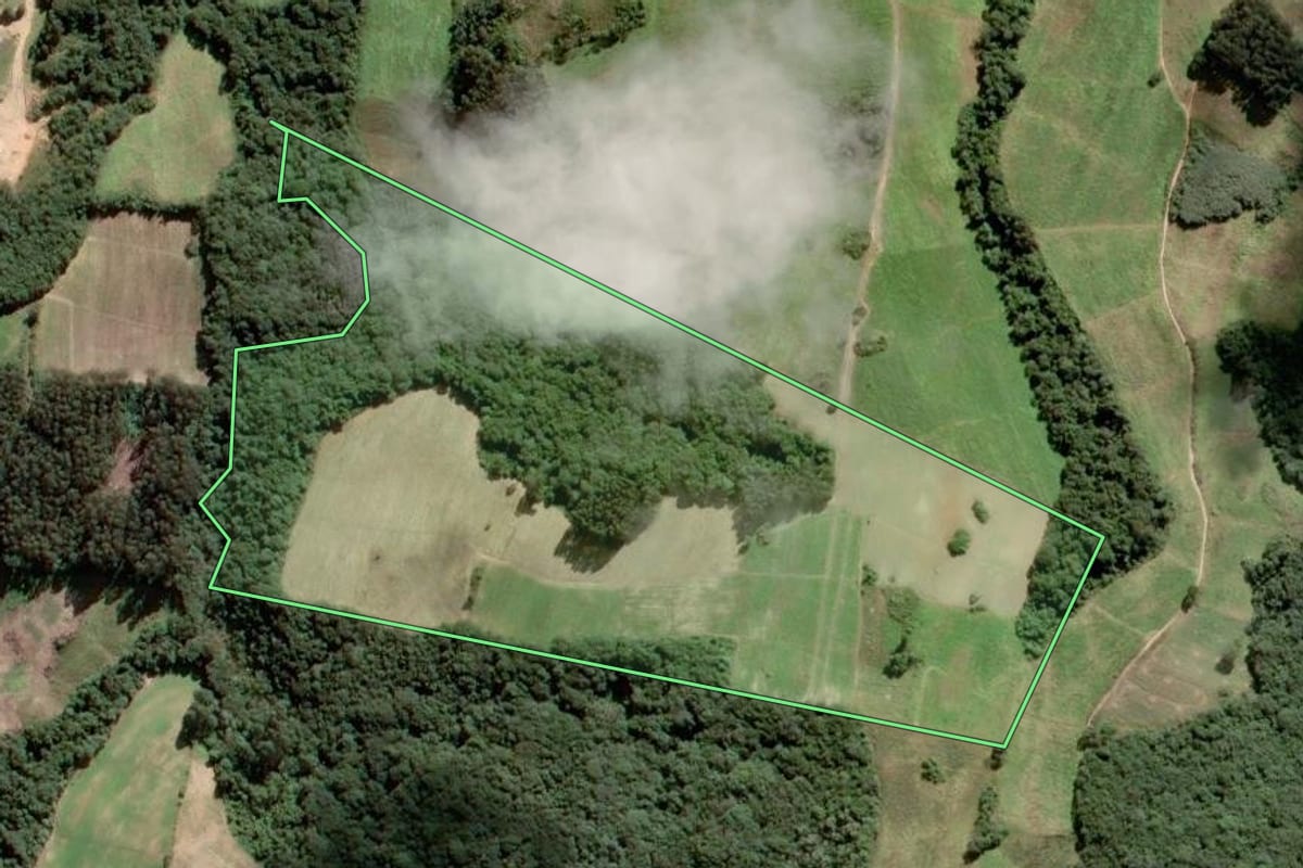 Imagem de satélite do imóvel rural em Quitandinha (PR), com o contorno declarado no CAR desenhado por cima.