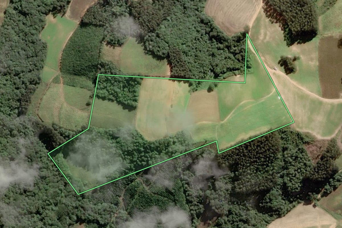Imagem de satélite do imóvel rural em Quitandinha (PR), com o contorno declarado no CAR desenhado por cima.