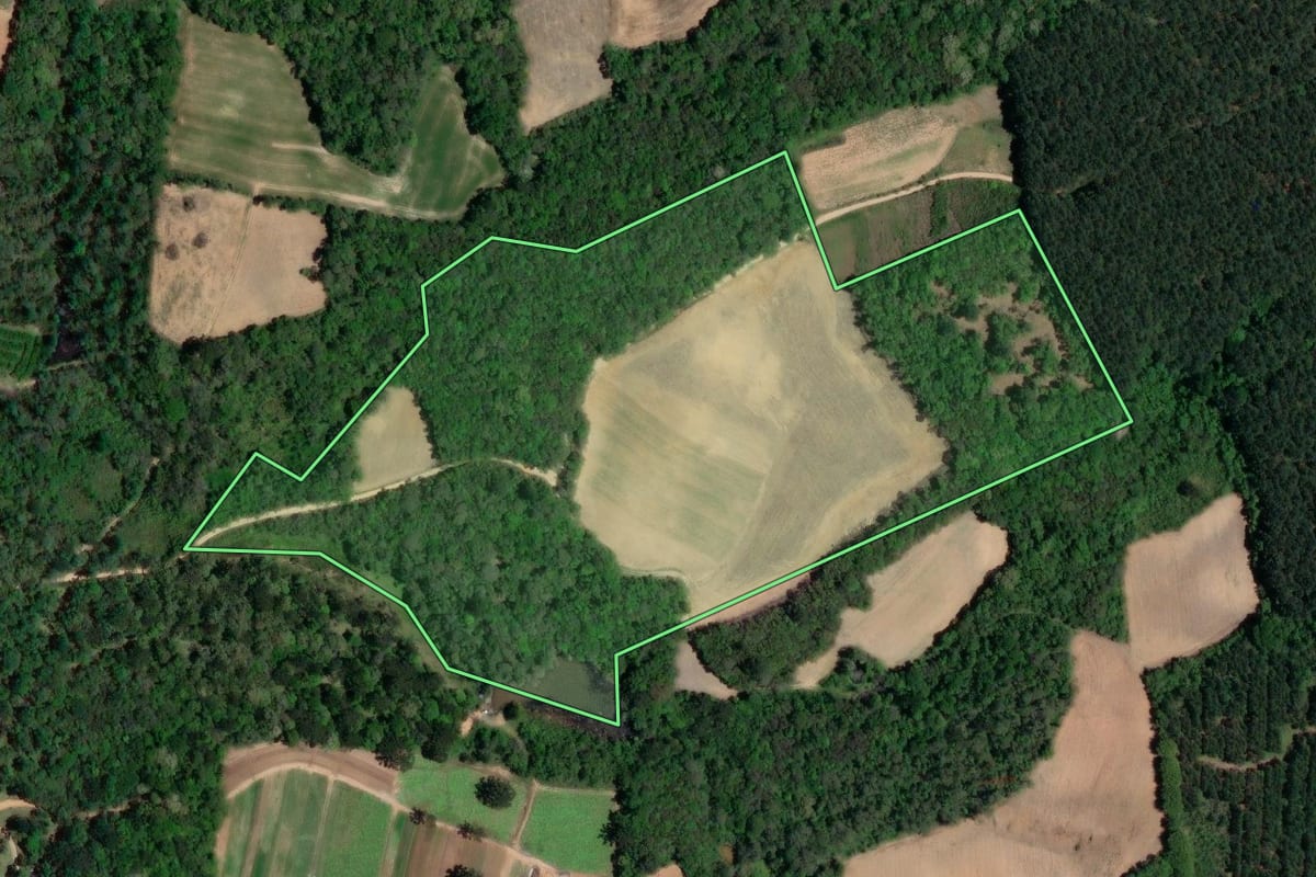 Imagem de satélite do imóvel rural em Quitandinha (PR), com o contorno declarado no CAR desenhado por cima.