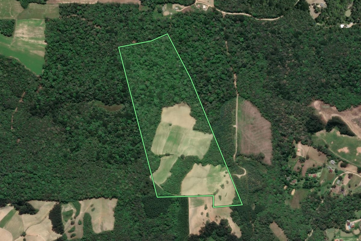 Imagem de satélite do imóvel rural em Quitandinha (PR), com o contorno declarado no CAR desenhado por cima.