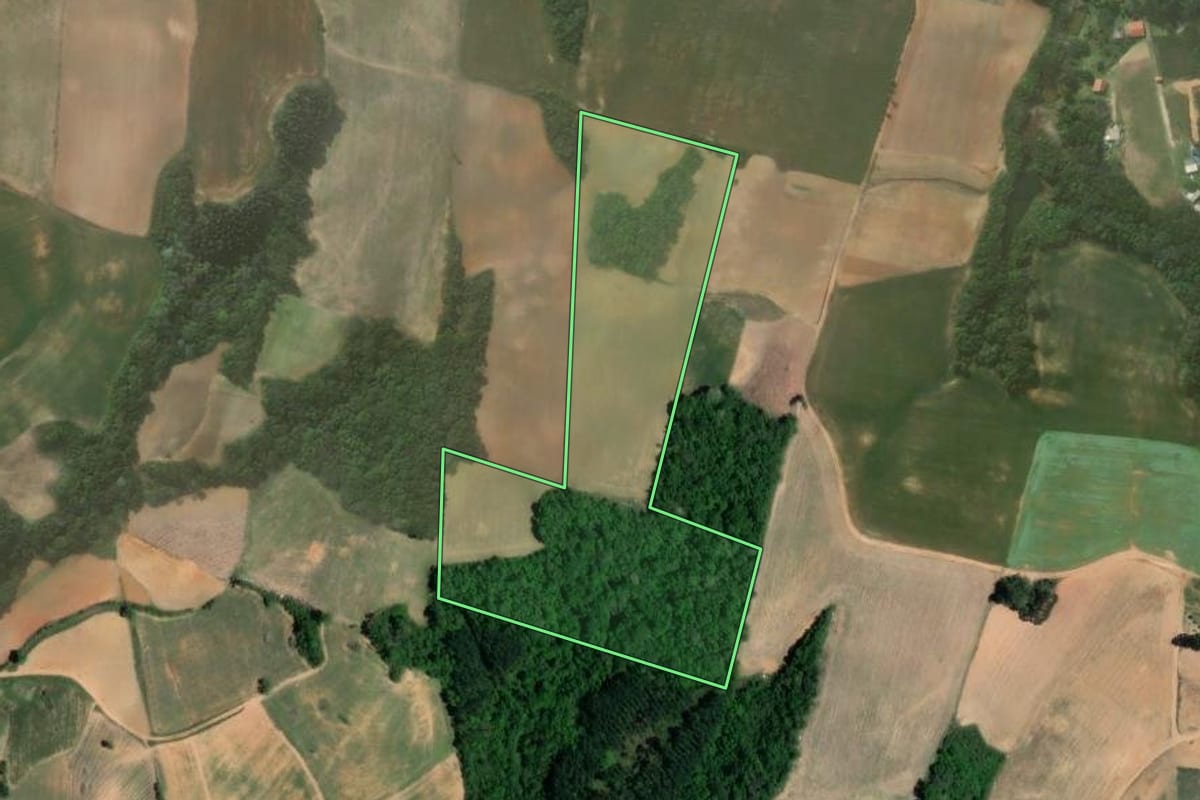 Imagem de satélite do imóvel rural em Quitandinha (PR), com o contorno declarado no CAR desenhado por cima.