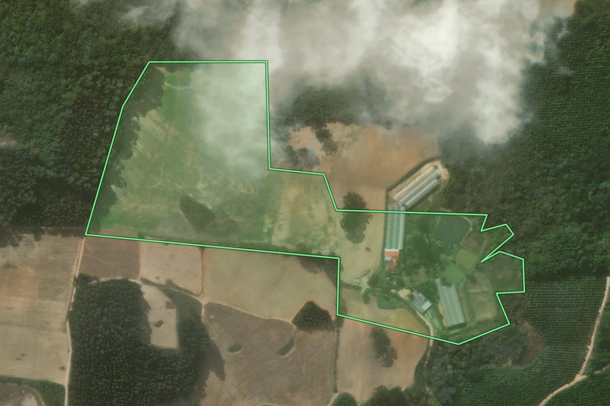 Imagem de satélite do imóvel rural em Quitandinha (PR), com o contorno declarado no CAR desenhado por cima.