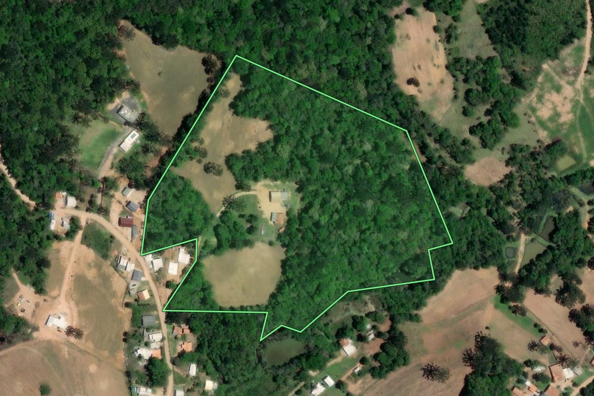 Imagem de satélite do imóvel rural em Quitandinha (PR), com o contorno declarado no CAR desenhado por cima.