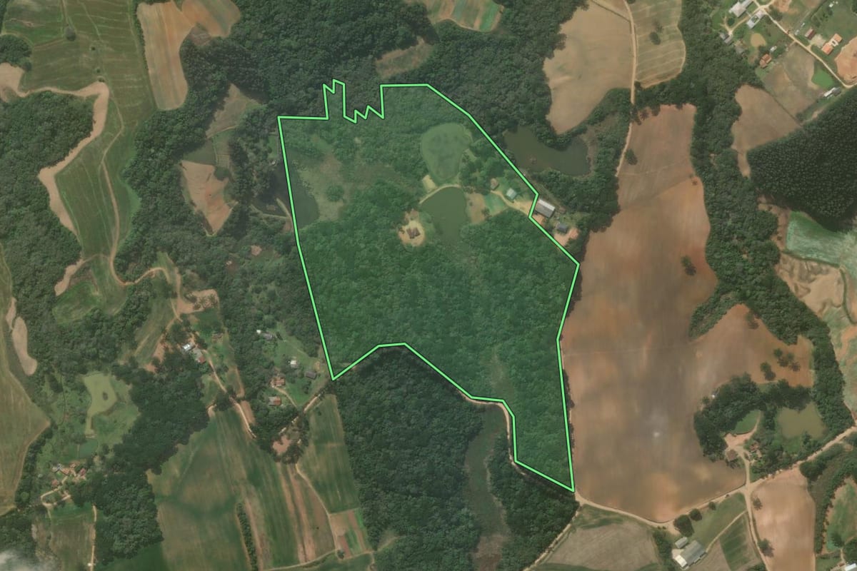 Imagem de satélite do imóvel rural em Quitandinha (PR), com o contorno declarado no CAR desenhado por cima.