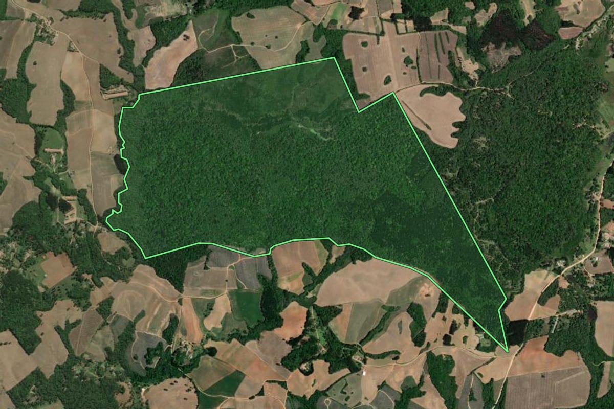 Imagem de satélite do imóvel rural em Quitandinha (PR), com o contorno declarado no CAR desenhado por cima.