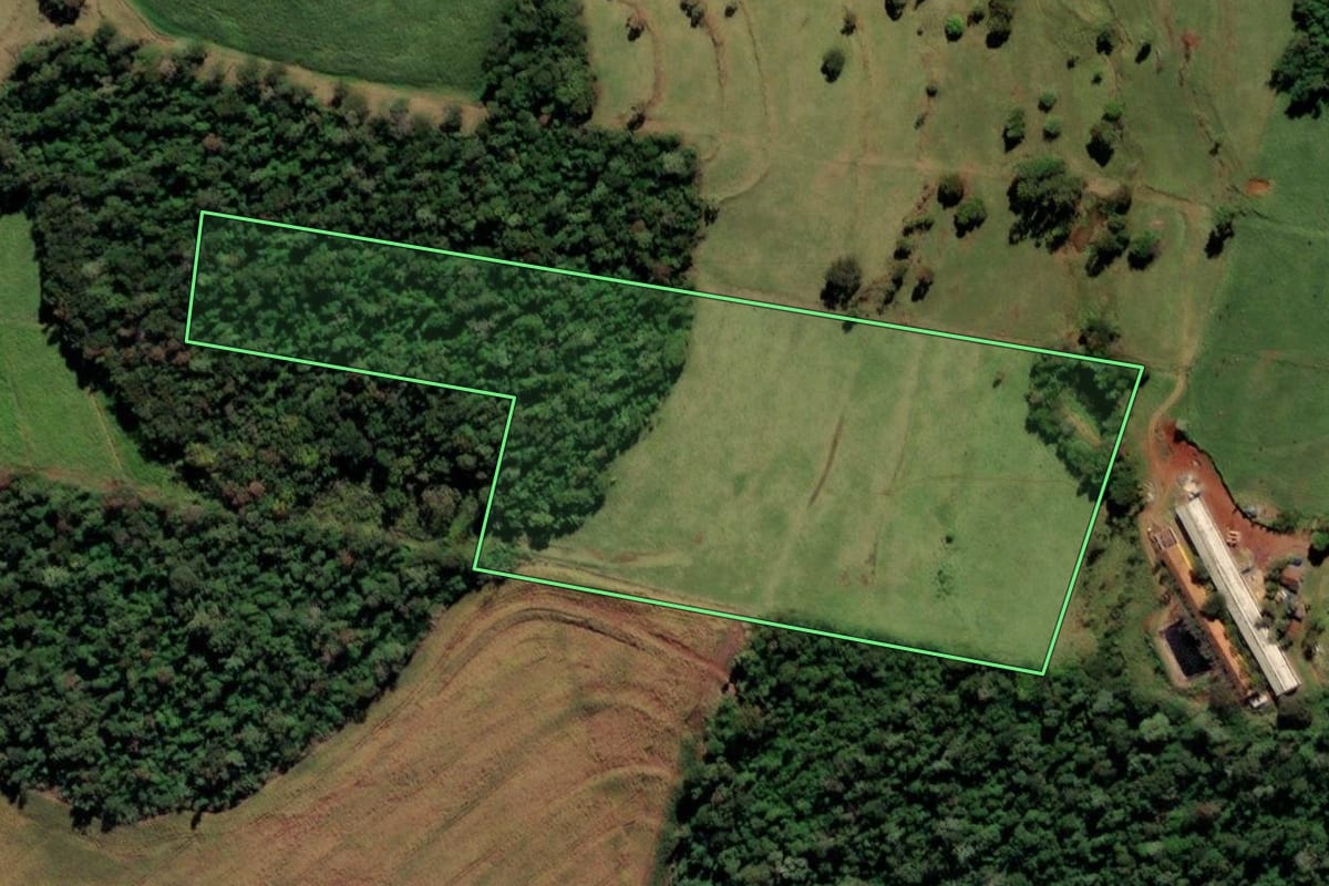 Imagem de satélite do imóvel rural em Ramilândia (PR), com o contorno declarado no CAR desenhado por cima.