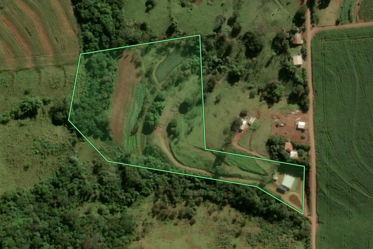 Imagem de satélite do imóvel rural em Ramilândia (PR), com o contorno declarado no CAR desenhado por cima.