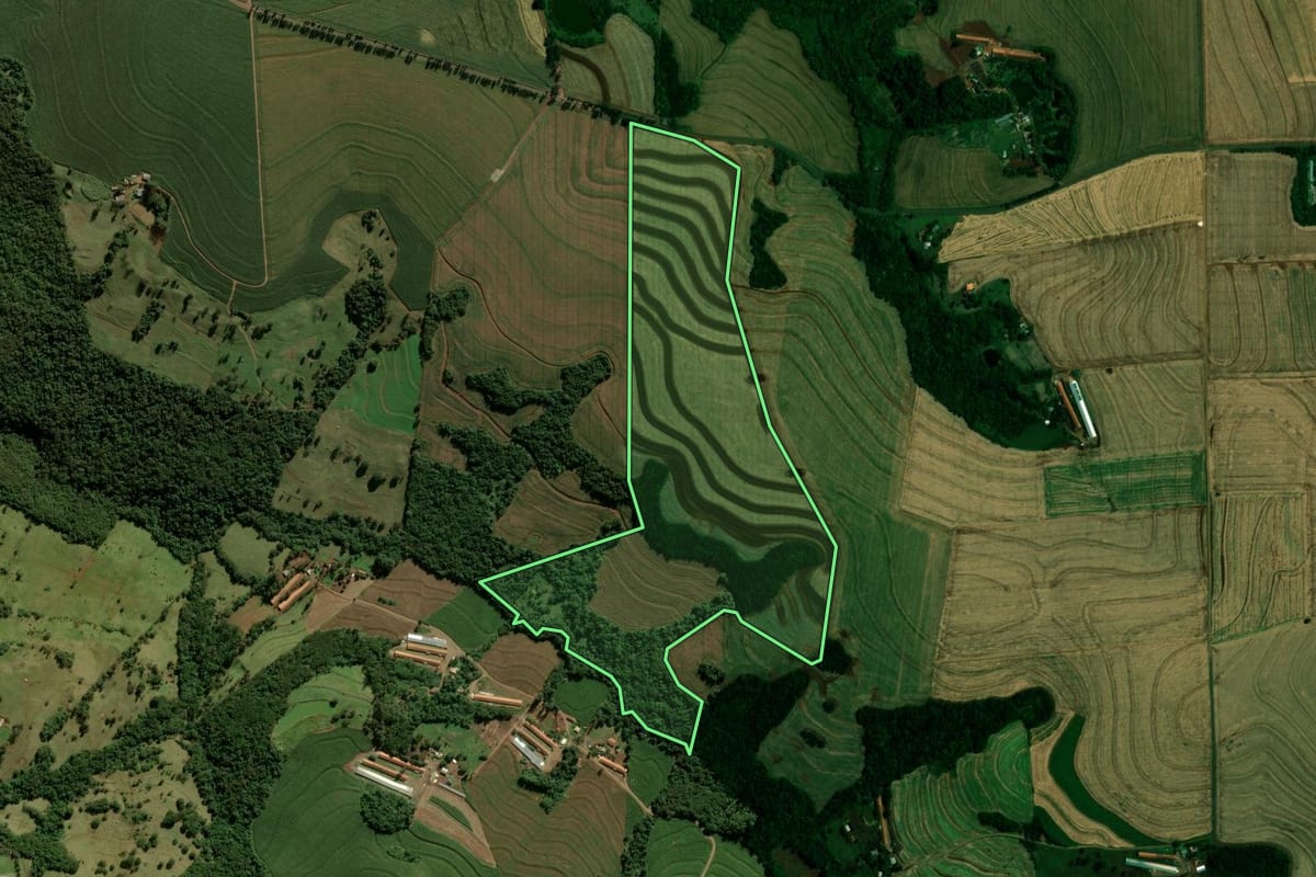 Imagem de satélite do imóvel rural em Ramilândia (PR), com o contorno declarado no CAR desenhado por cima.