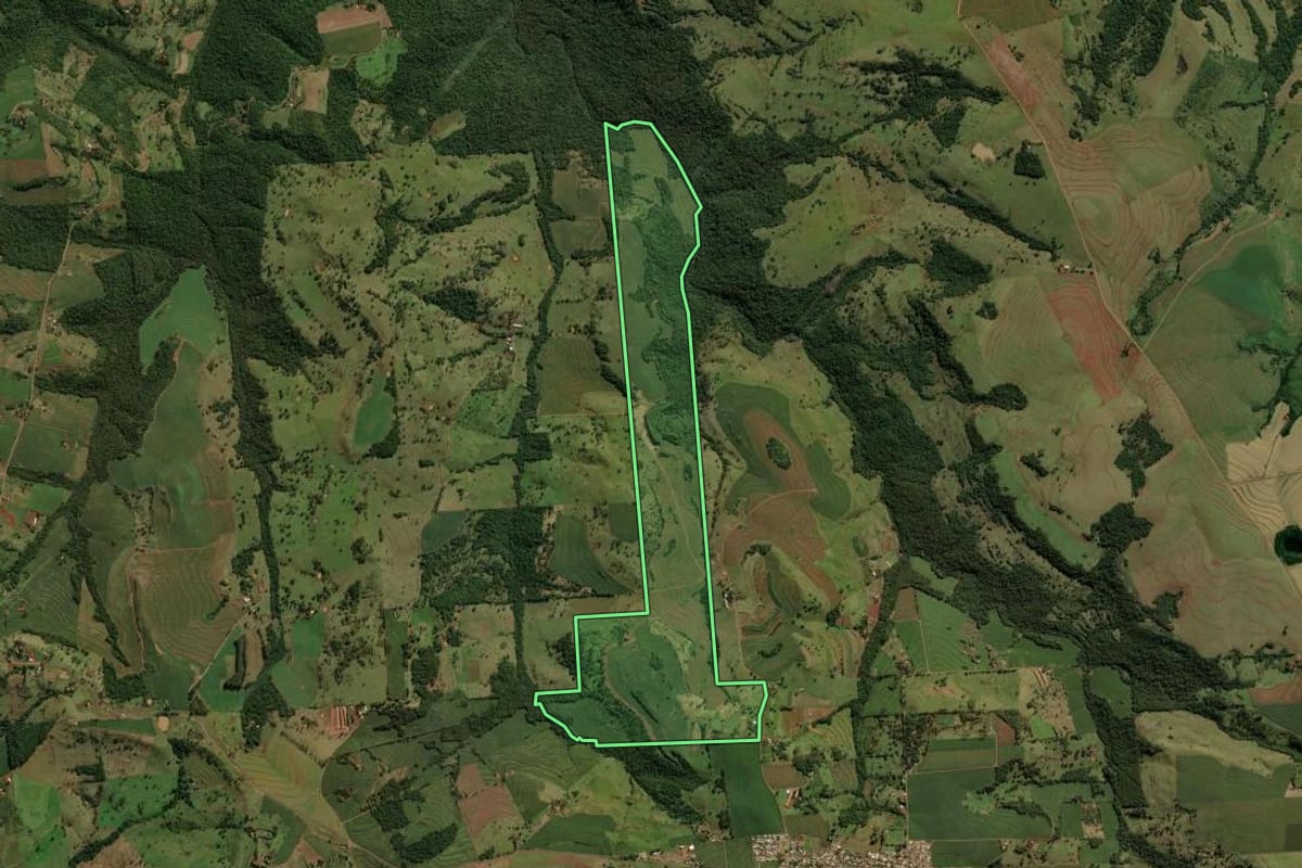 Imagem de satélite do imóvel rural em Ramilândia (PR), com o contorno declarado no CAR desenhado por cima.