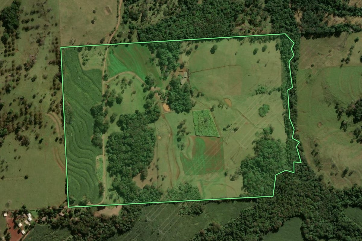 Imagem de satélite do imóvel rural em Ramilândia (PR), com o contorno declarado no CAR desenhado por cima.