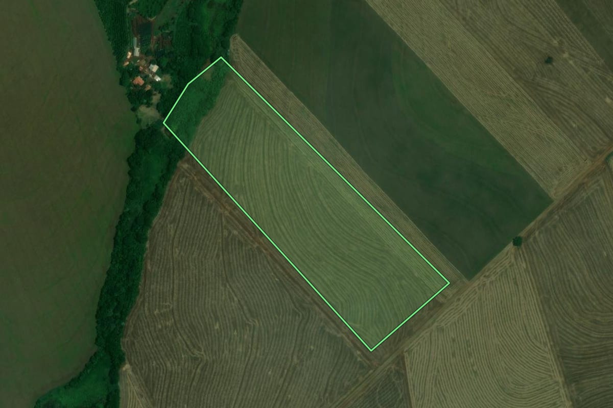 Imagem de satélite do imóvel rural em Rancho Alegre (PR), com o contorno declarado no CAR desenhado por cima.