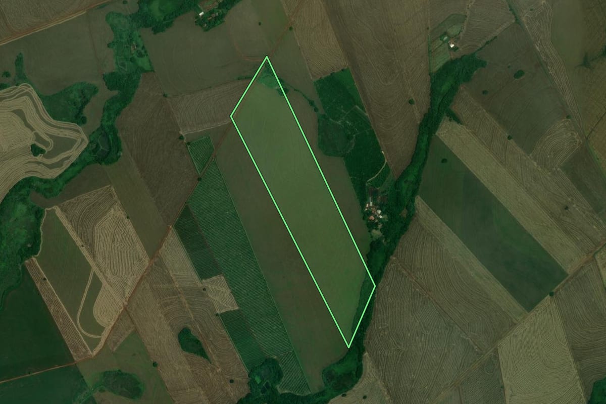 Imagem de satélite do imóvel rural em Rancho Alegre (PR), com o contorno declarado no CAR desenhado por cima.