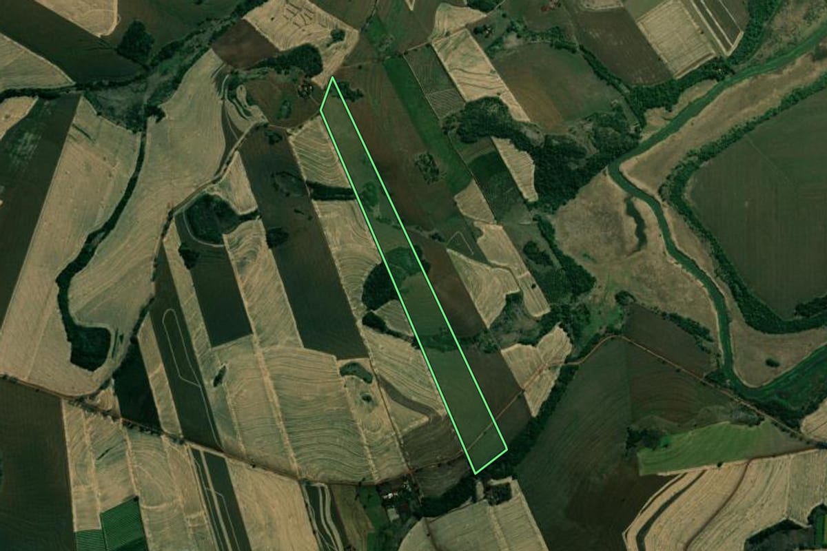 Imagem de satélite do imóvel rural em Rancho Alegre (PR), com o contorno declarado no CAR desenhado por cima.