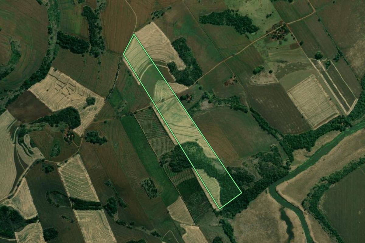 Imagem de satélite do imóvel rural em Rancho Alegre (PR), com o contorno declarado no CAR desenhado por cima.
