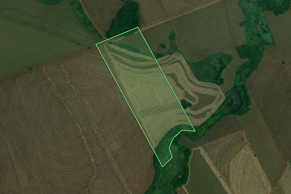 Imagem de satélite do imóvel rural em Rancho Alegre (PR), com o contorno declarado no CAR desenhado por cima.