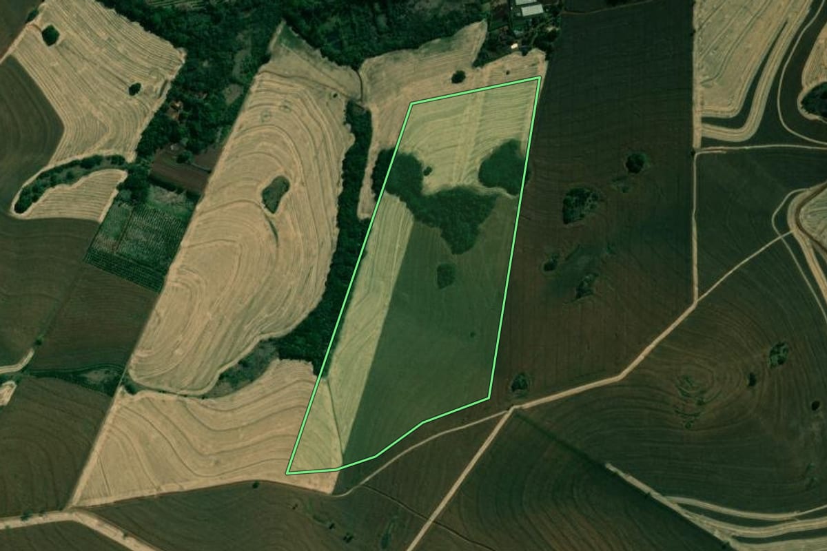 Imagem de satélite do imóvel rural em Rancho Alegre (PR), com o contorno declarado no CAR desenhado por cima.