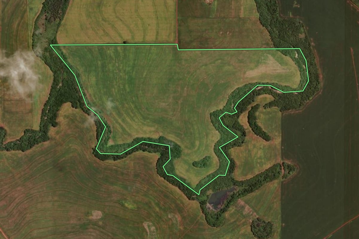 Imagem de satélite do imóvel rural em Rancho Alegre D'Oeste (PR), com o contorno declarado no CAR desenhado por cima.